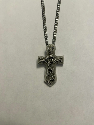 Pre-owned Chrome Hearts Vulcan Cross Pendant Cuban Chain Necklace In Silver