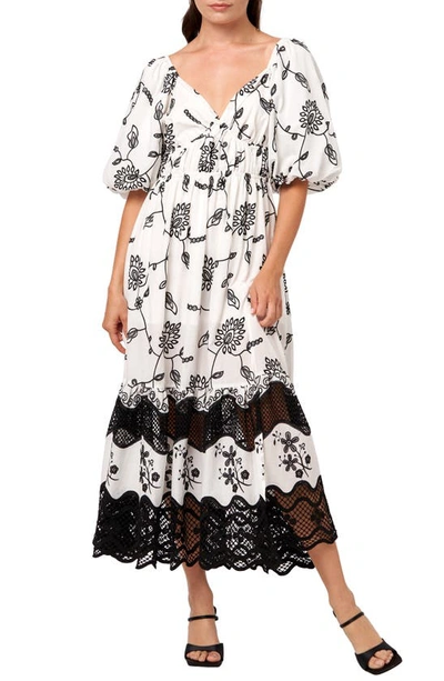 Ciebon Serbita Embroidered Floral Puff Sleeve Cotton Dress In White/ Black