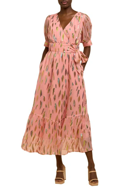 Ciebon Whitney Metalllic Print Wrap Dress In Dusty Pink