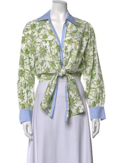 Pre-owned Cinq À Sept Floral Print Long Sleeve Blouse In Green