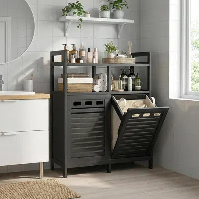 Citrus Bamboo Double Tilt Out Laundry Hamper Cabinet With Removable Baskets, Black In Multi