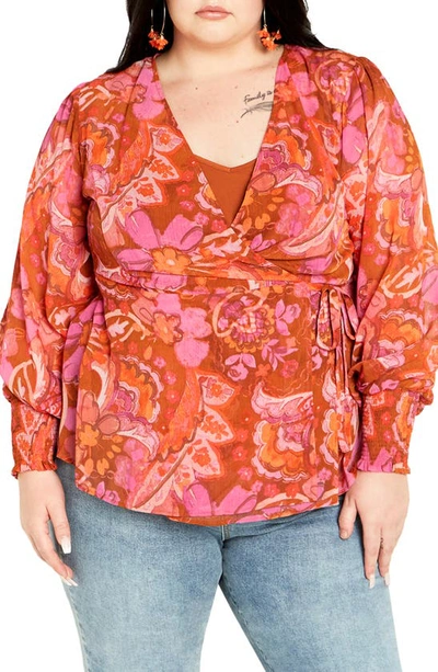 City Chic Alexis Paisley Long Sleeve Wrap Top In Freehand Blooms