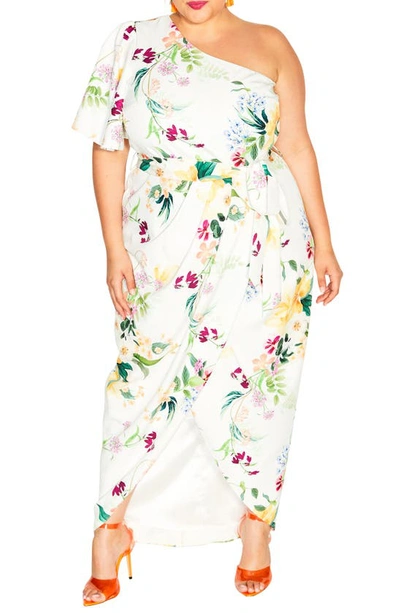 City Chic Bonnie Floral One-shoulder Dress In Ivory Sunnie Floral