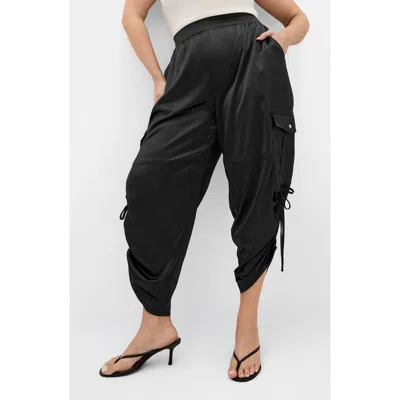 City Chic Cargo Castle Satin Ruched Drawstring Leg Cargo Pants In Black