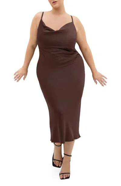 City Chic Cowl Neck Satin Slipdress In Brown