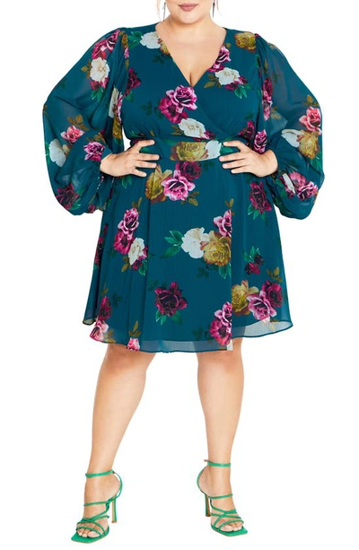 City Chic Khloe Floral Print Long Sleeve Faux Wrap Minidress In Teal Bright Desire