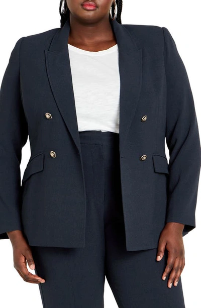 City Chic Kiana Double Breasted Blazer In Navy