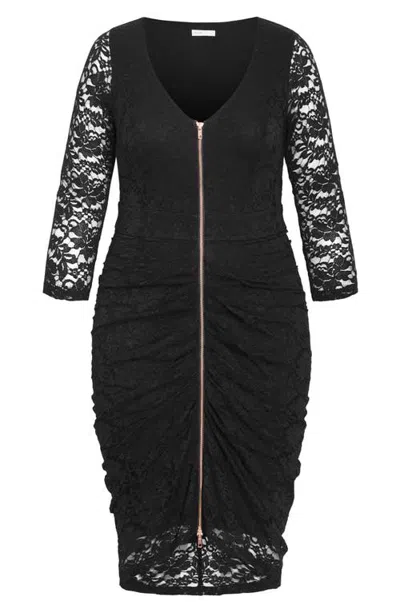 City Chic Lacey Zip Ruched Midi Dress In Black