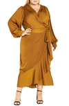 City Chic Ophelia Long Sleeve Faux Wrap Maxi Dress In Salted Caramel