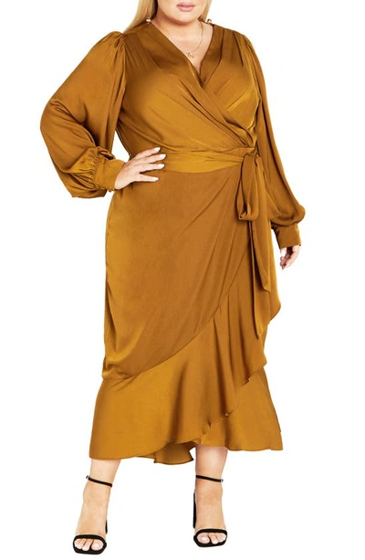 City Chic Ophelia Long Sleeve Faux Wrap Maxi Dress In Salted Caramel