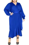 City Chic Ophelia Long Sleeve Faux Wrap Maxi Dress In Ultra Blue