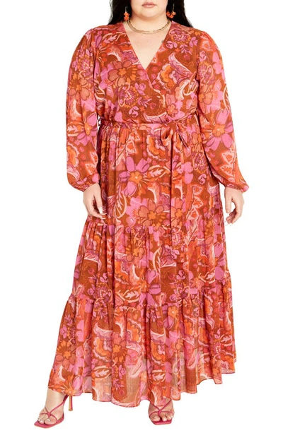 City Chic Print Long Sleeve Tiered Faux Wrap Maxi Dress In Freehand Blooms