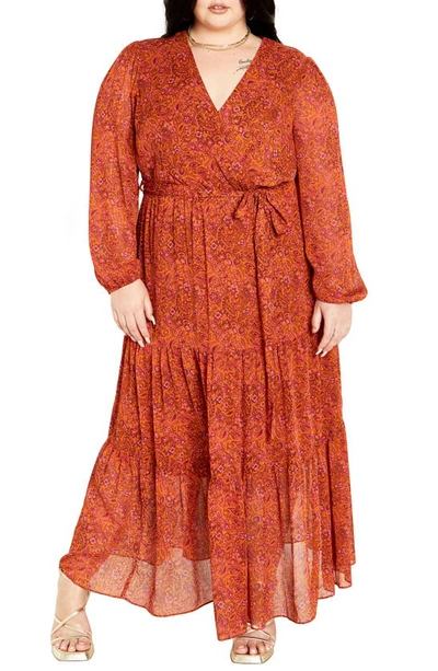 City Chic Print Long Sleeve Tiered Faux Wrap Maxi Dress In Retro Paisley
