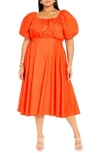 City Chic Rosabella Puff Sleeve Midi Dress In Tangerine Tango