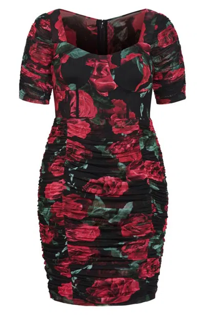 City Chic Rose Print Ruched Bustier Dress In Multi