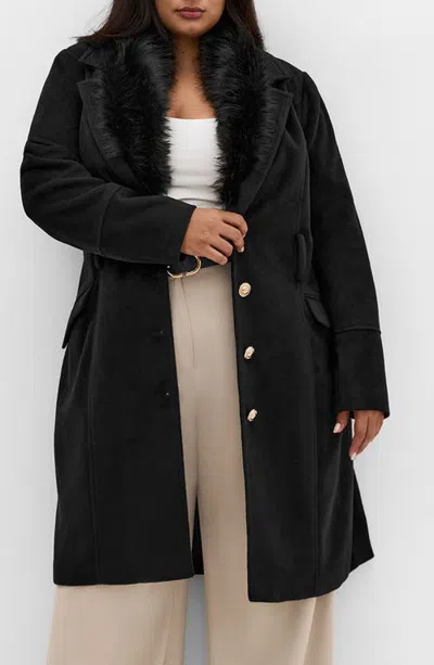 City Chic Selena Faux Fur Collar Belted Coat In Black