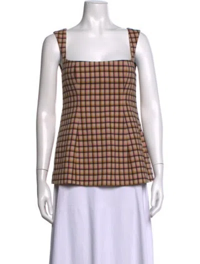 Pre-owned Clea Plaid Print Square Neckline Top In Brown