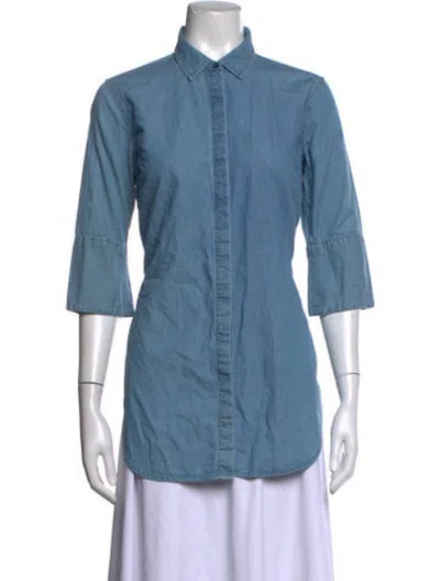 Pre-owned Closed Three-quarter Sleeve Button-up Top In Blue