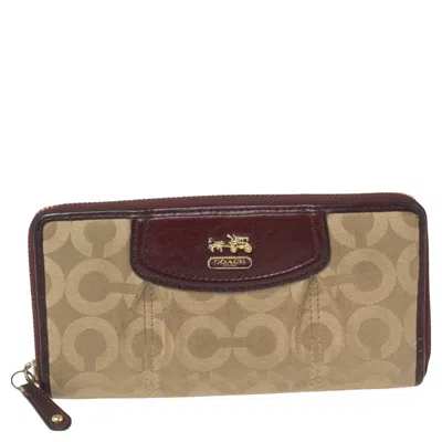 Coach Burgundy/brown Op Art Fabric And Leather Madison Continental Wallet In White