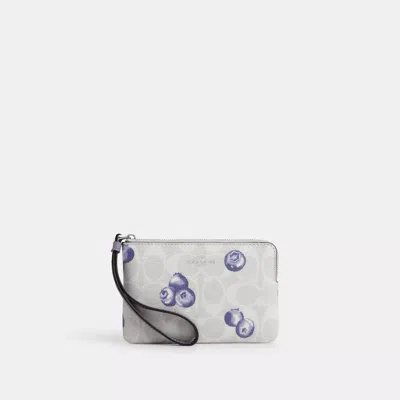 Coach Outlet Corner Zip Wristlet In Signature Canvas With Blueberry Print In White