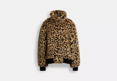 Coach Outlet Printed Faux Fur Jacket In Brown