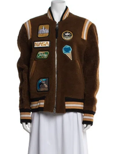 Pre-owned Coach Shearling Graphic Print Bomber Jacket In Brown