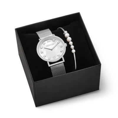 Coeur De Lion Geschenkset Uhr Rund Perlmutt Milanaise & Armband Asymmetrie Süsswasserperlen Weiss-si In Metallic