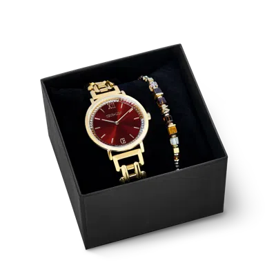 Coeur De Lion Geschenkset Uhr Rund Sparkling Festive Red & Armband Wave Cube Flow Gold-braun