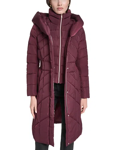 Cole Haan Hooded Puffer Coat In Burgundy