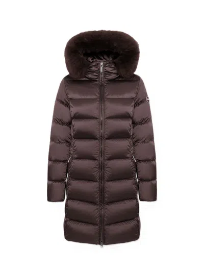 Colmar Plush Fur Trim Hooded Long Down Coat In Brown