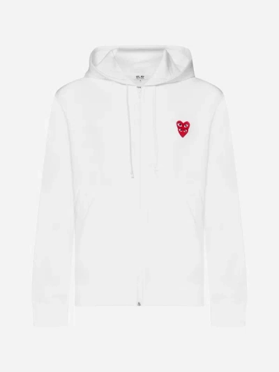 Comme Des Garçons Play Double Heart Patch Cotton Zip Hoodie In White
