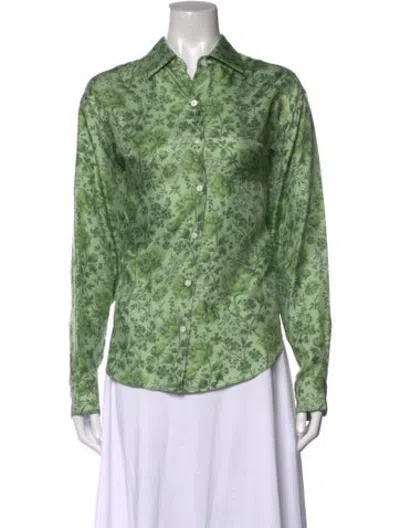 Pre-owned Comme Si Silk Floral Print Button-up Top In Green