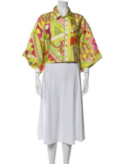 Pre-owned Coniglio Palm Beach Silk Graphic Print Button-up Top In Green