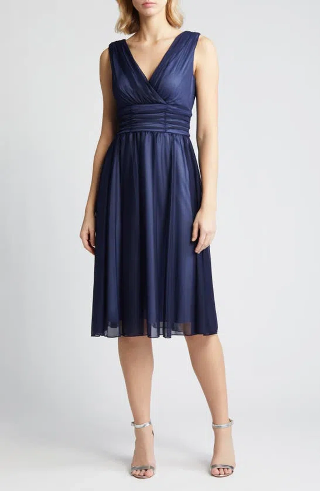 Connected Apparel Chiffon Overlay Fit Flare Dress In Navy/ Slate