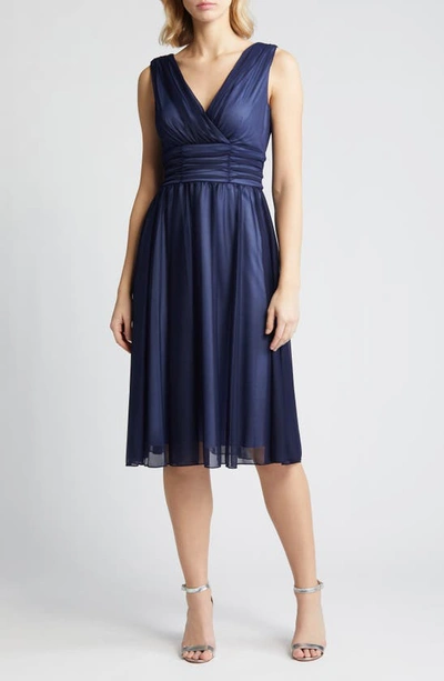 Connected Apparel Chiffon Overlay Fit & Flare Dress In Navy/ Slate