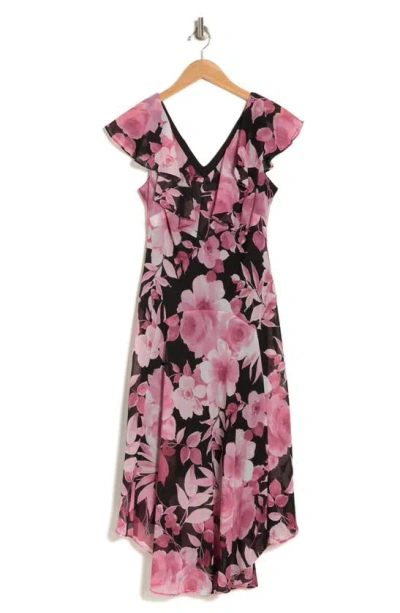 Connected Apparel Floral Chiffon Dress In Rose