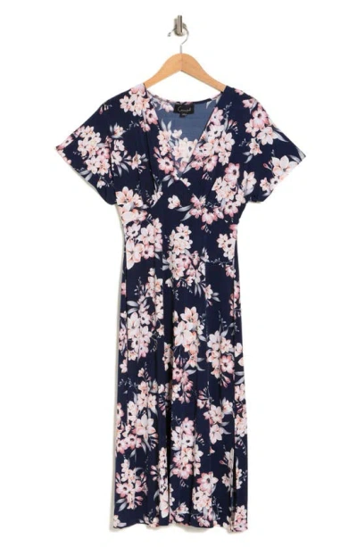 Connected Apparel Floral Midi Dress In Navy/ Coral