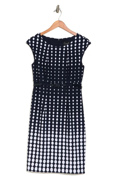 Connected Apparel Polka Dot Print Belted Sheath Dress In Navy