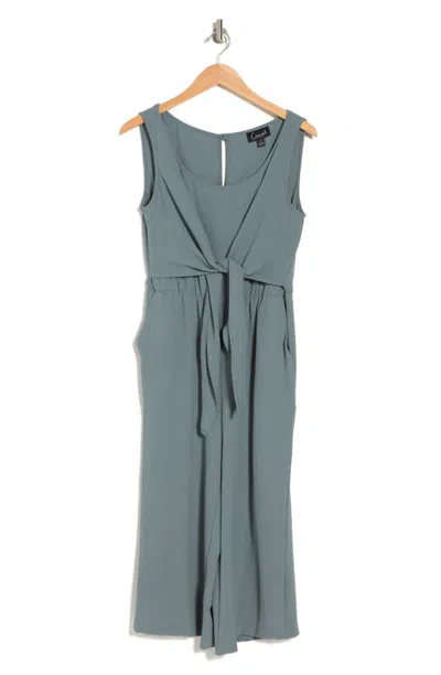 Connected Apparel Sleeveless Tie Front Capri Crop Jumpsuit In Moss