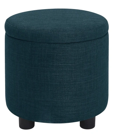 Convenience Concepts 15.75" Faux Linen Round Storage Ottoman With Tray Lid In Dark Blue Fabric