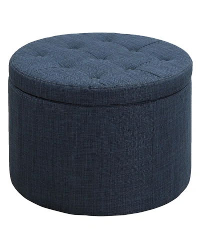 Convenience Concepts 22" Faux Linen Round Shoe Storage Ottoman In Dark Blue Linen