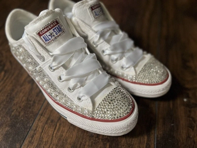 Pre-owned Converse Rhinestone One Of A Kind  Bedazzled For Weddings Birthdays Date Nights In White