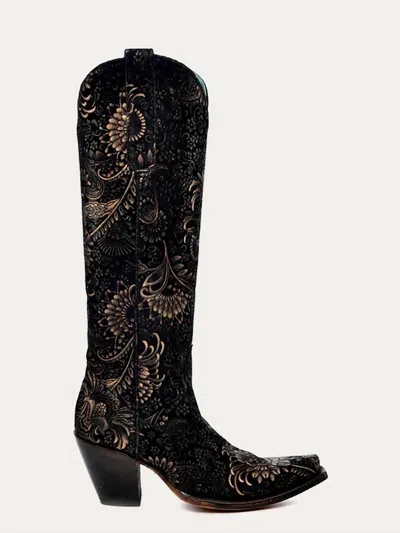 Corral Women's Stamped Floral Cowboy Knee High Boot In Gold In Black