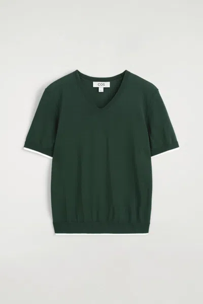 Cos Layered-detail Knitted V-neck T-shirt In Green