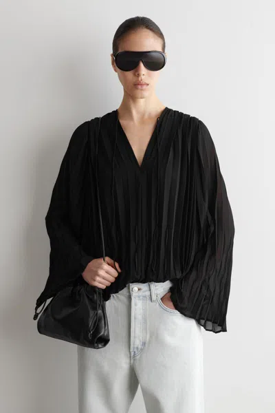 Cos Tie-front Pleated Georgette Blouse In Black