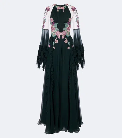Costarellos Embellished Floral-applique Silk Gown In Gray
