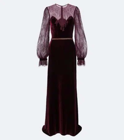 Costarellos Embellished Lace-trimmed Velvet Gown In Burgundy