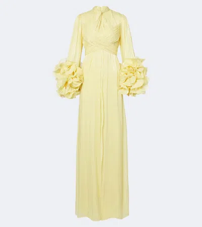 Costarellos Floral-applique Plated Lurex Georgette Gown In Yellow