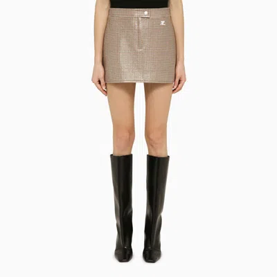 Courrèges Brown And Black Checkered Plaid Mini Skirt With Front Zipper And Logo Detail