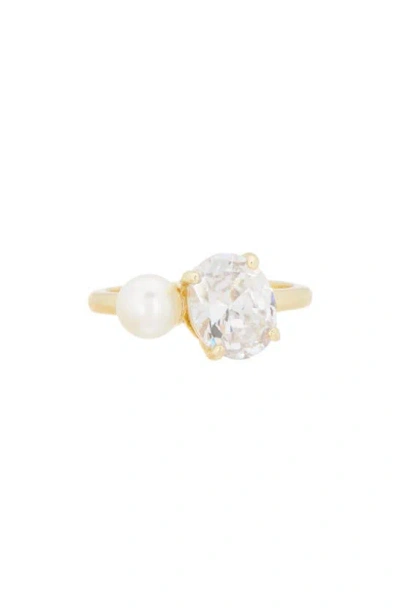 Covet Imitation Pearl & Crystal Ring In Gold